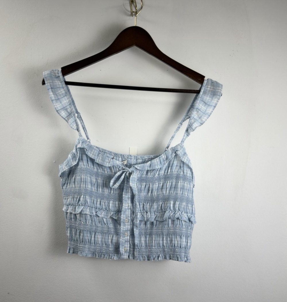 American Eagle Blue Plaid Smocked Ruffle Crop Tank Top Sz Medium